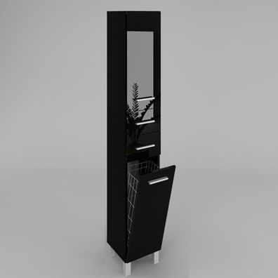 Badezimmerschrank Hochschrank mit Wäschekorb SW15 188x40 cm Schwarz Hochglanz