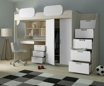 Hochbett Geko Weiß mit Schreibtisch mit Schrank Stockbett Kinderzimmer 90x200