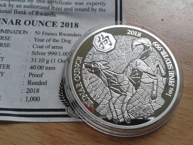 Original 50 Francs 2018 PP Ruanda Rwanda Lunar Hund 1 Unze Silber