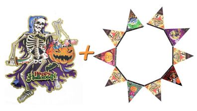 Halloween Deko 2er Set (Papier Girlande + Aufhängebild) Dekoration Paket Skelett