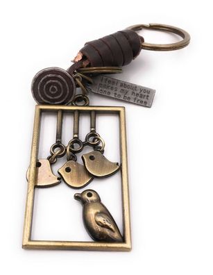 Schlüsselanhänger Vogel Vögel Vogelkäfig beweglich gold Leder Anhänger Keychain