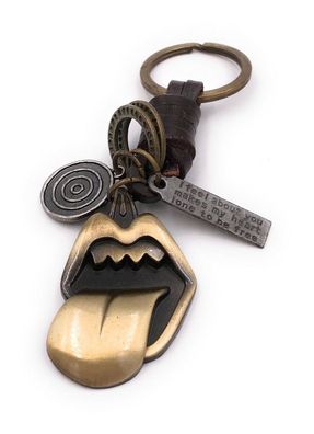 Schlüsselanhänger Zunge raus Lippen Rock ´n´ Roll bronze Leder Anhänger Keychain