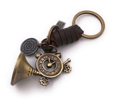 Schlüsselanhänger Trompete Uhr Zahlenrad gold Leder Anhänger Keychain