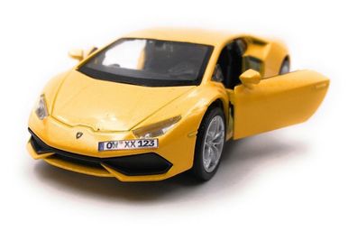 Lamborghini Huracan Sportwagen Modellauto mit Wunschkennzeichen Gelb 1:34