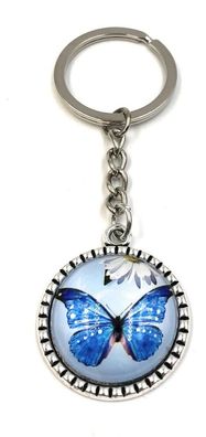 Schlüsselanhänger Schmetterling fliegend blau Kreis Metall Anhänger Charm