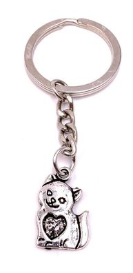 Schlüsselanhänger Süße Katze mit Herz Silber Metall Anhänger Charm