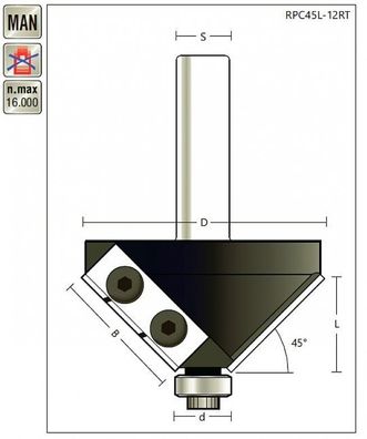 WP-Fasenfräser D 65 x 45° x Schaft 12mm , mit Anlauflager
