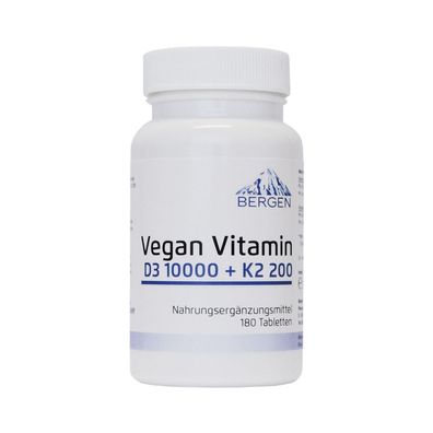 Bergen Vegan Vitamin D3 10000 + K2 200 MK-7 Menachinon-7 180 Tabletten D3 + K2