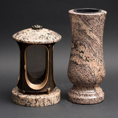 Grabschmuckset Grablaterne Granit Vase und Grablicht Grablampe Granit Brazil gold
