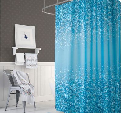 Textil Duschvorhang 180x180 cm blau weiß Mosaik inkl. Duschringe