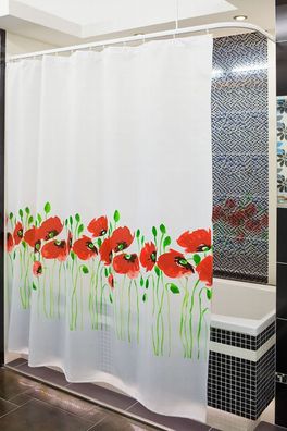 Textil Duschvorhang Mohnblume 180x200 cm inkl. Duschvorhangringe weiss grün rot