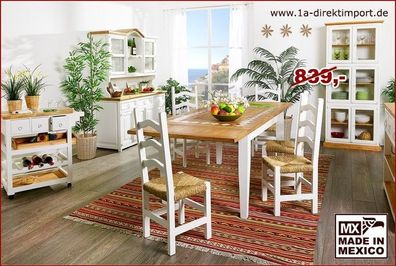 MEXICO Esstisch Tisch, Pinie, Marmor Mosaik, weiß + natur, Landhausstil