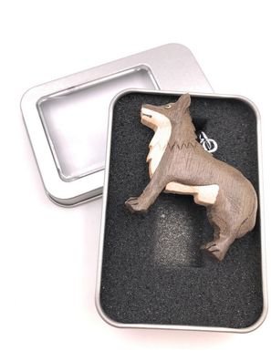 Schlüsselanhänger Holz Wolf Tier Raubtier Hund Rudeltier Huftier in Geschenkbox