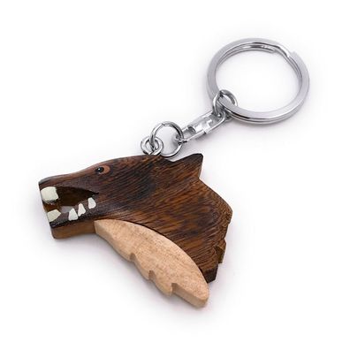Handmade Holz Schlüsselanhänger Wolfkopf gefährlich Tier Raubtier Hund Rudeltier
