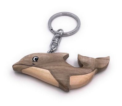 Handmade Holz Schlüsselanhänger Delfin Delphin grau Wal Säugetier Wasser Meer