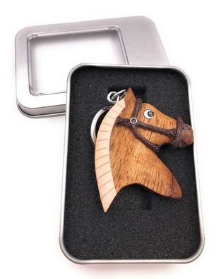Schlüsselanhänger Holz Pferdekopf Pferd Pony Halfter Mähne in Geschenkbox
