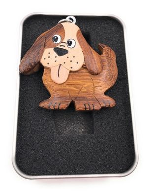 Schlüsselanhänger Holz Hund mit Schlappohren Haustier Vierbeiner in Geschenkbox