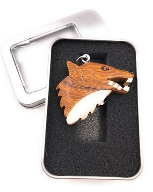 Schlüsselanhänger Holz Wolfkopf gefährlich Tier Raubtier Hun in Geschenkbox