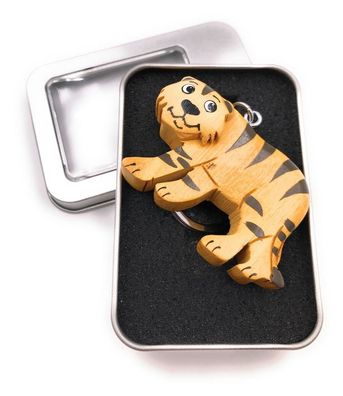 Schlüsselanhänger Holz Tiger Großkatze Raubkatze Raubtier Tier in Geschenkbox
