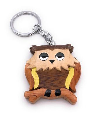 Handmade Holz Schlüsselanhänger Eule Vogel Kauz Uhu Tier Wald auf Ast müde