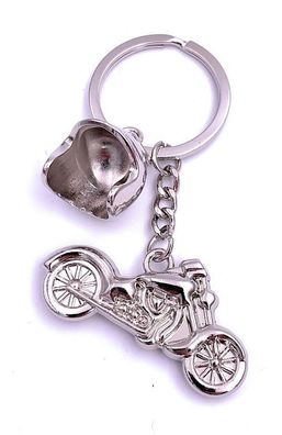 Chopper mit Helm Motorrad Bike Schlüsselanhänger Keychain Silber Metall