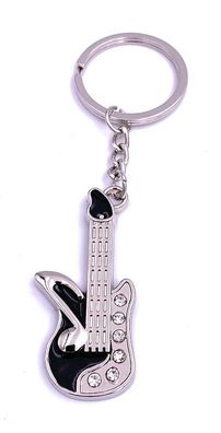 E-Gitarre mit Noten und Kristallen Schlüsselanhänger Keychain Silber Metall