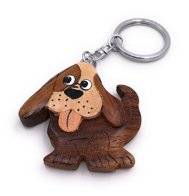 Handmade Holz Schlüsselanhänger Hund mit Schlappohren Haustier Vierbeiner Rüde