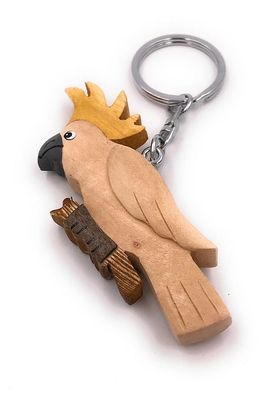 Handmade Holz Schlüsselanhänger Kakadu Papagei Vogel auf Ast Federhaube Sittich