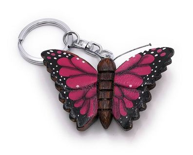 Handmade Holz Schlüsselanhänger Schmetterling Falter schwarz pink Insekt