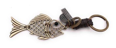 Schlüsselanhänger Fisch Skelett beweglich gold bronze Leder Anhänger Keychain