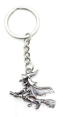Schlüsselanhänger fliegende Hexe mit Besen Silber Metall Anhänger Charm