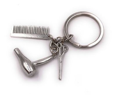 Schlüsselanhänger Föhn Kamm Schere Friseur Utensilien silber Anhänger Keychain