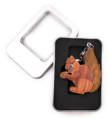 Schlüsselanhänger Holz Eichhörnchen mit Nuss Baumhörnchen Wald in Geschenkbox