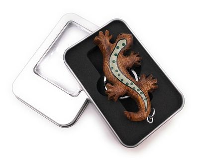 Schlüsselanhänger Holz Eidechse Echse Reptil gepunktet Taxon in Geschenkbox