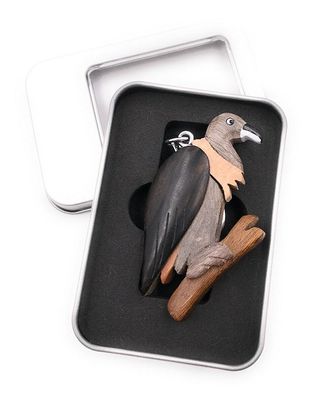 Schlüsselanhänger Holz Geier Vogel Greifvogel Rabengeier auf Ast in Geschenkbox