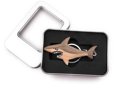 Schlüsselanhänger Holz Hai böse Wasser Fisch Raubtier in Geschenkbox