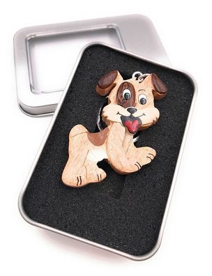 Schlüsselanhänger Holz Hund mit Zunge Haustier Vierbeiner Rüde Geschenkbox