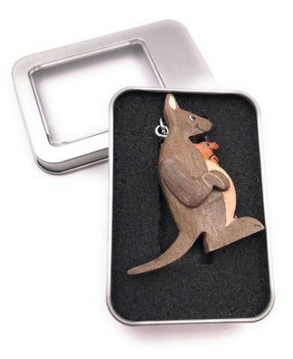 Schlüsselanhänger Holz Känguru mit Baby Beuteltier Australien in Geschenkbox
