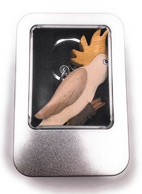 Schlüsselanhänger Holz Kakadu Papagei Vogel auf Ast Federhaube in Geschenkbox