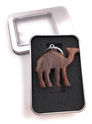 Schlüsselanhänger Holz Kamel Paarhufer Wüste Tier Dromedar in Geschenkbox