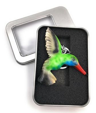 Schlüsselanhänger Holz Kolibri Vogel Tier flegend grün Wirbeltier in Geschenkbox