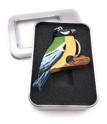 Schlüsselanhänger Holz Meise auf Ast Vogel Singvogel Piepmatz in Geschenkbox