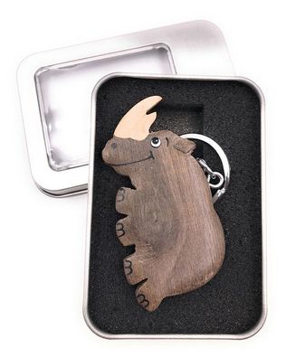 Schlüsselanhänger Holz Nashorn Rhinozeros Säugetier Tier in Geschenkbox