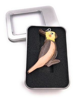Schlüsselanhänger Holz Papagei Vogel Sittich Kakadu gelber Kopf in Geschenkbox