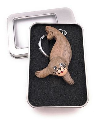 Schlüsselanhänger Holz Seehund Robbe Seelöwe Tier Wasser Strand in Geschenkbox