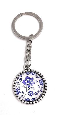 Schlüsselanhänger Kreis mit Blumen dunkelblau Metall Anhänger Charm