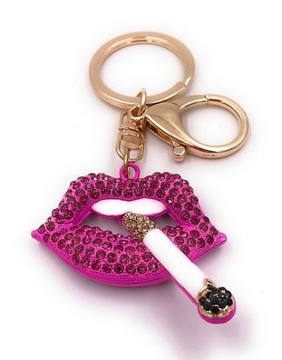 Schlüsselanhänger Lippen pink Zigarette sexy Raucher Strass gold Anhänger Chain