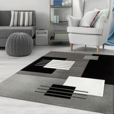 Moderner Designer Teppich Kariert Konturenschnitt Formen in Grau Schwarz - CP6081