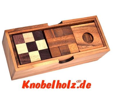 Knobel Box mit 3 Puzzle aus Holz Snake Cube, Diamond Cube und Soma Cube Knobelspiel