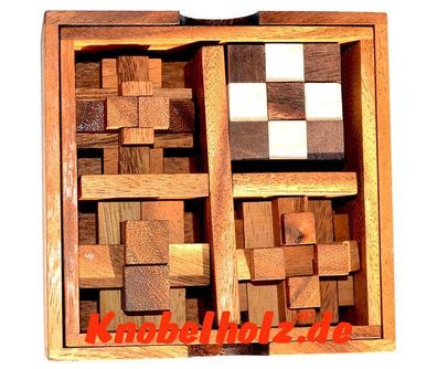 Knobel Box mit 5 Puzzle aus Holz Snake Cube, Teufelsknoten , Pen Up das Brick Puzzle